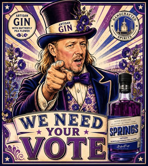 Vintage-style Springs artisan gin poster inviting supporters to vote
