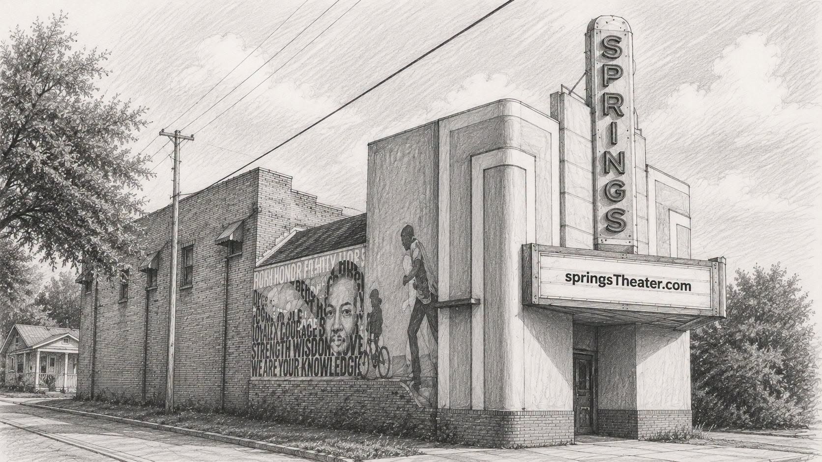 Pencil illustration of the historic Springs Theater and its neighborhood mural